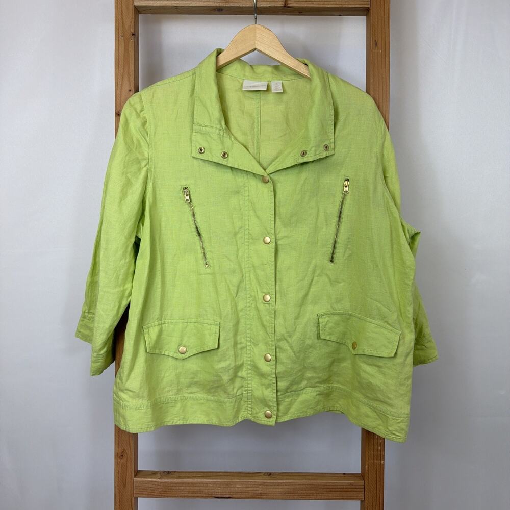 Chico’s Women’s Lime Green Lightweight Snap Closure Jacket XL Gold Tone Accents